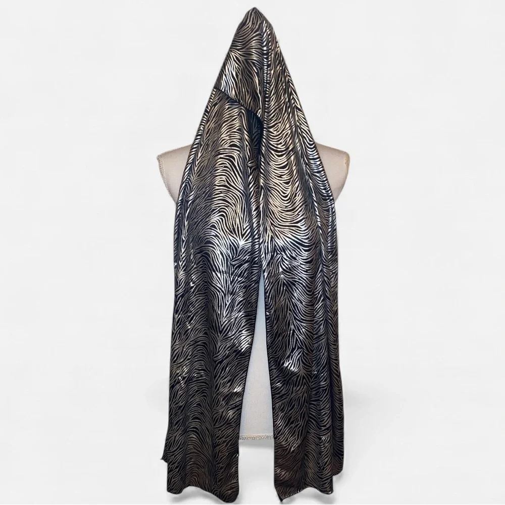 ZEBRA PRINT SILK STYLE FASHION SCARF Elegant & Versatile Black w/Silver Stripes